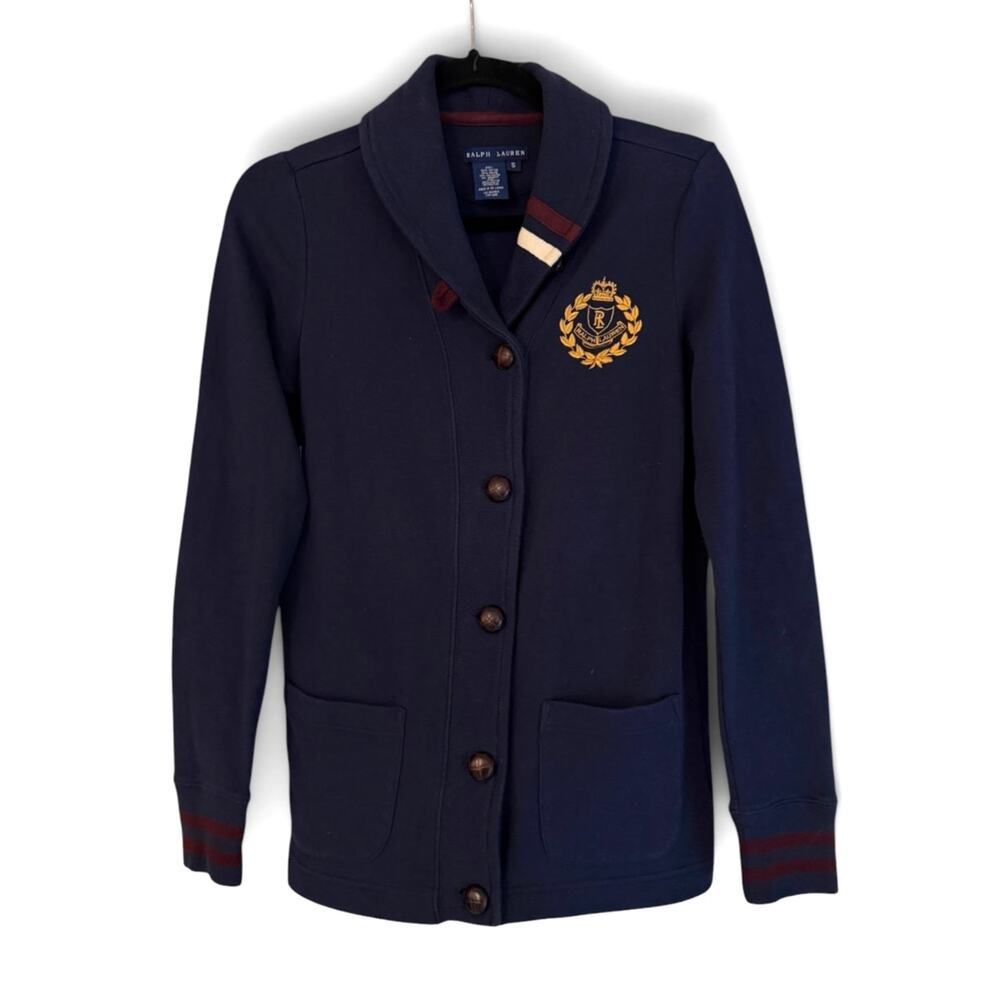 Ralph Lauren Crest Sweatshirt Jacket Navy Shawl Collar Embroidered Size S